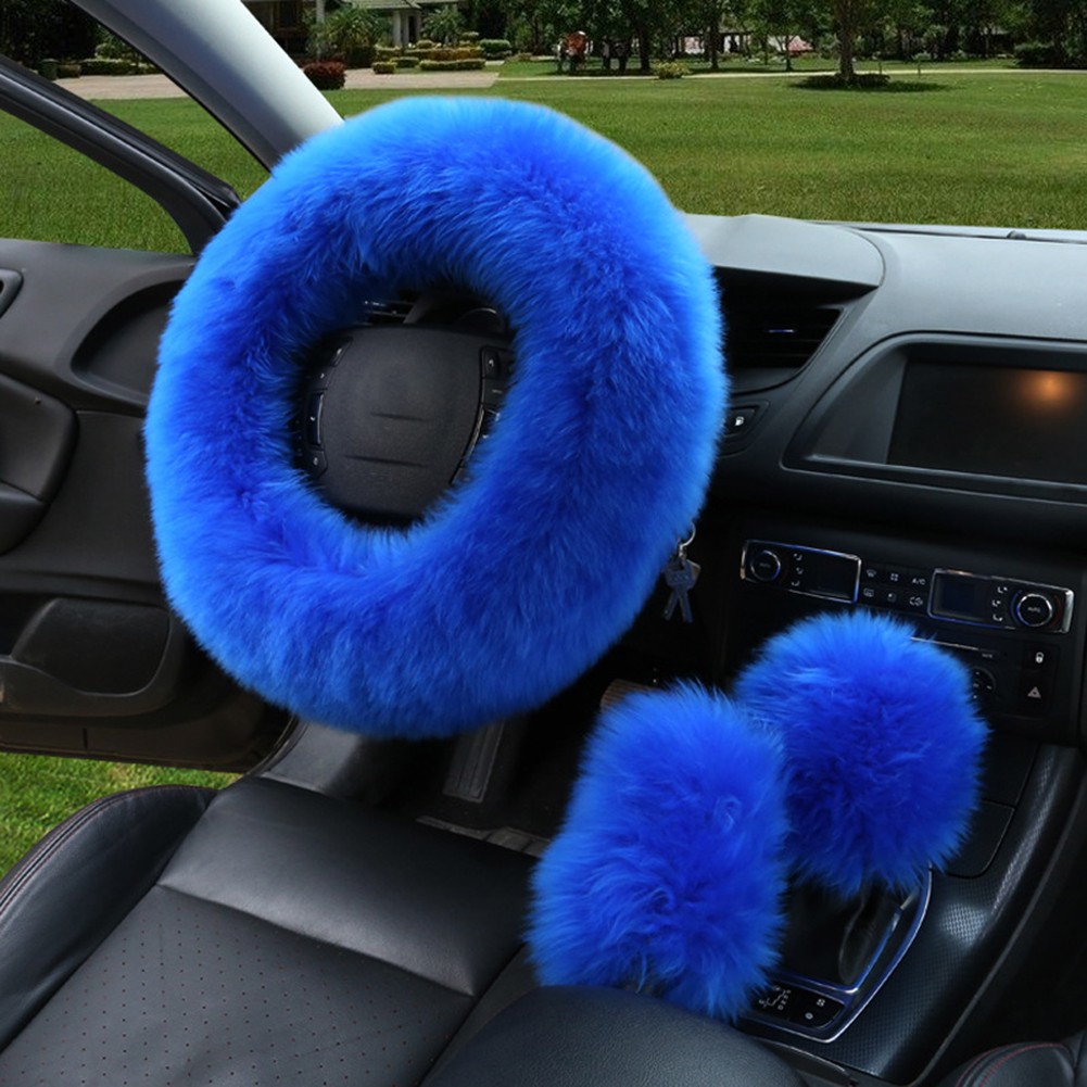 3PCS Universal Fur Steering Wheel Cover Set Plush Warm Fluffy Car Accessories